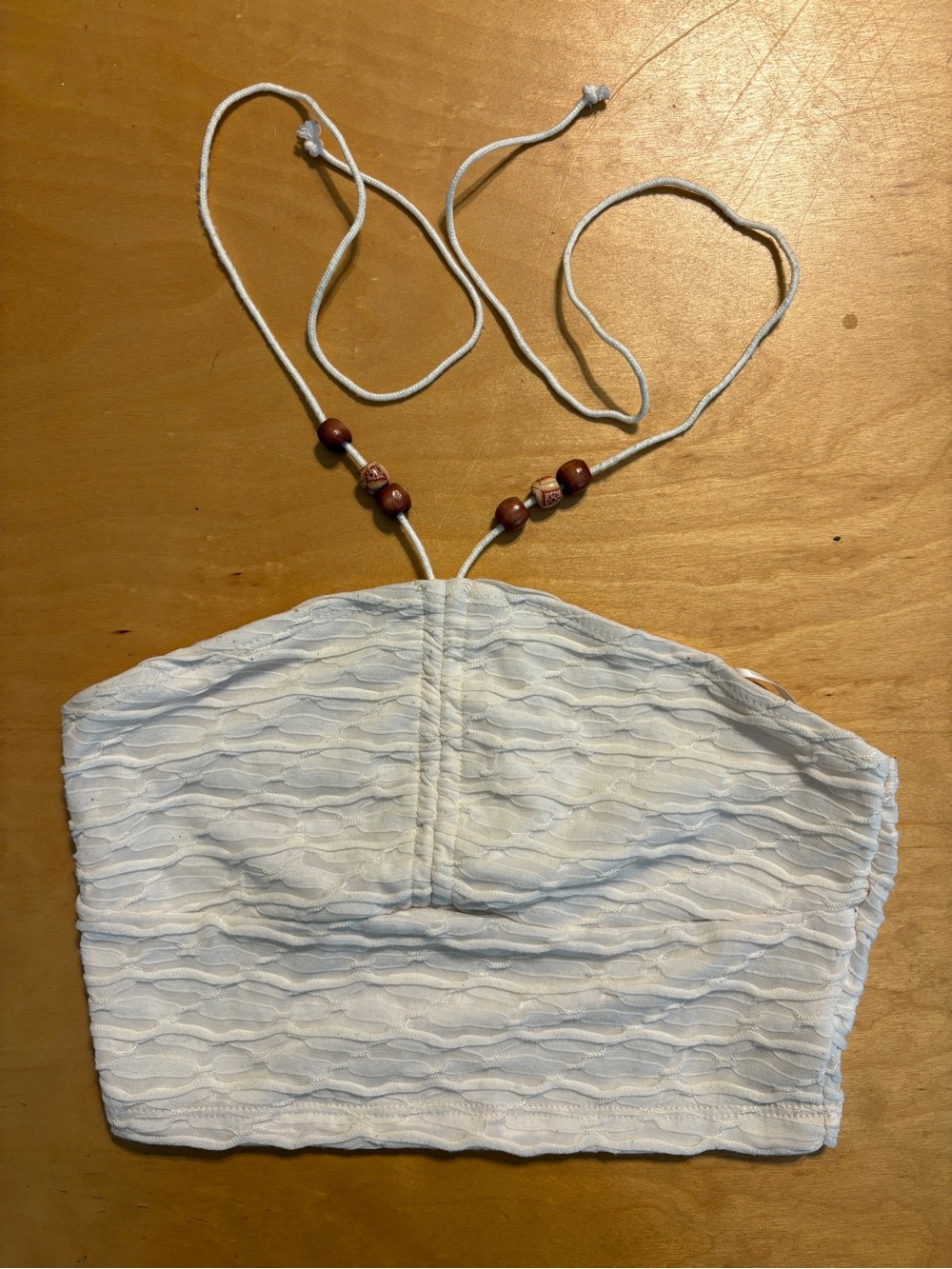 #25 - MUST GO! SHEIN Cream Textured Halter Crop Top with Beaded Halter Cord - S